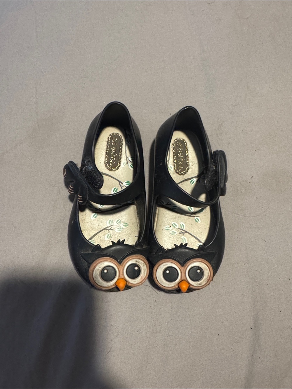 Mini Melissa Black Owl Mary Janes with Brown & Orange Accents